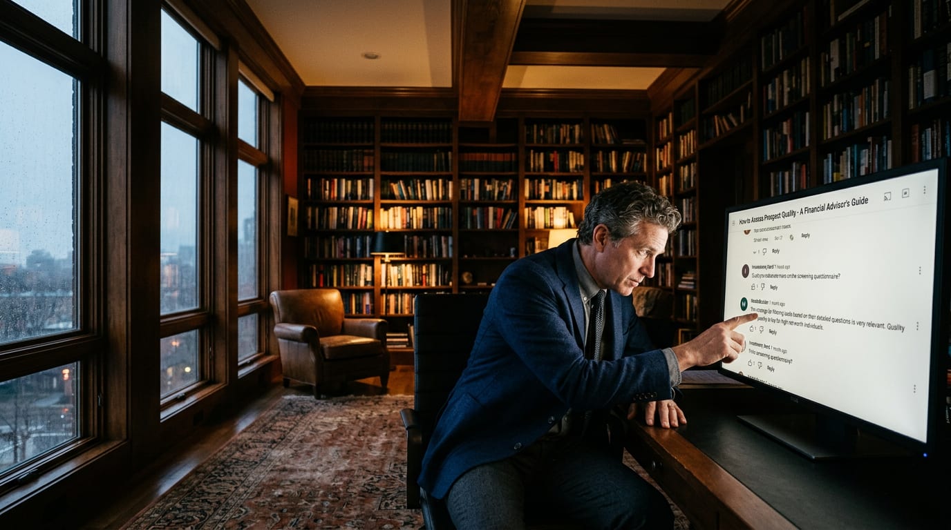 Financial advisor in his 50s leaning toward a monitor displaying a YouTube comment section, pointing at a specific comment while evaluating viewer quality.