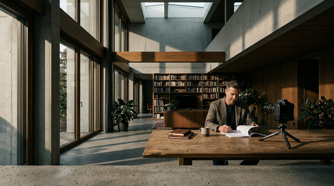 Financial advisor reviewing a compliance approval log beside a professional camera set up for YouTube recording in a home office.