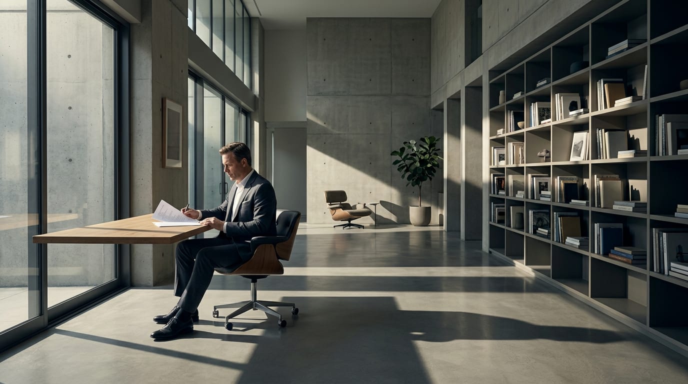 Financial advisor in his late 40s reviewing a handwritten-annotated script at a home office desk, preparing for a YouTube recording session.