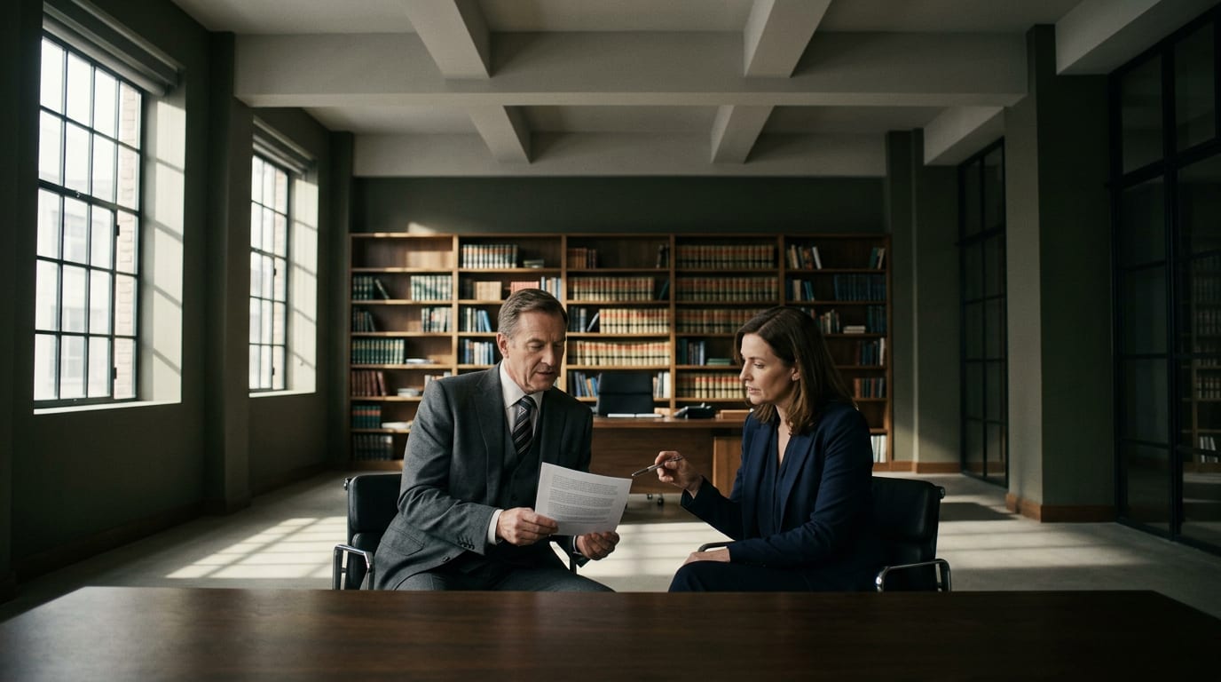 Financial advisor and compliance officer reviewing a testimonial video script together at an office desk, pointing to specific sections.