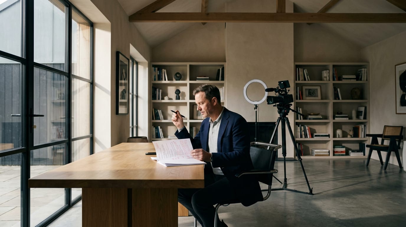Financial advisor reviewing a compliance-annotated script at a desk with a ring-light and camera set up behind him ready to record.