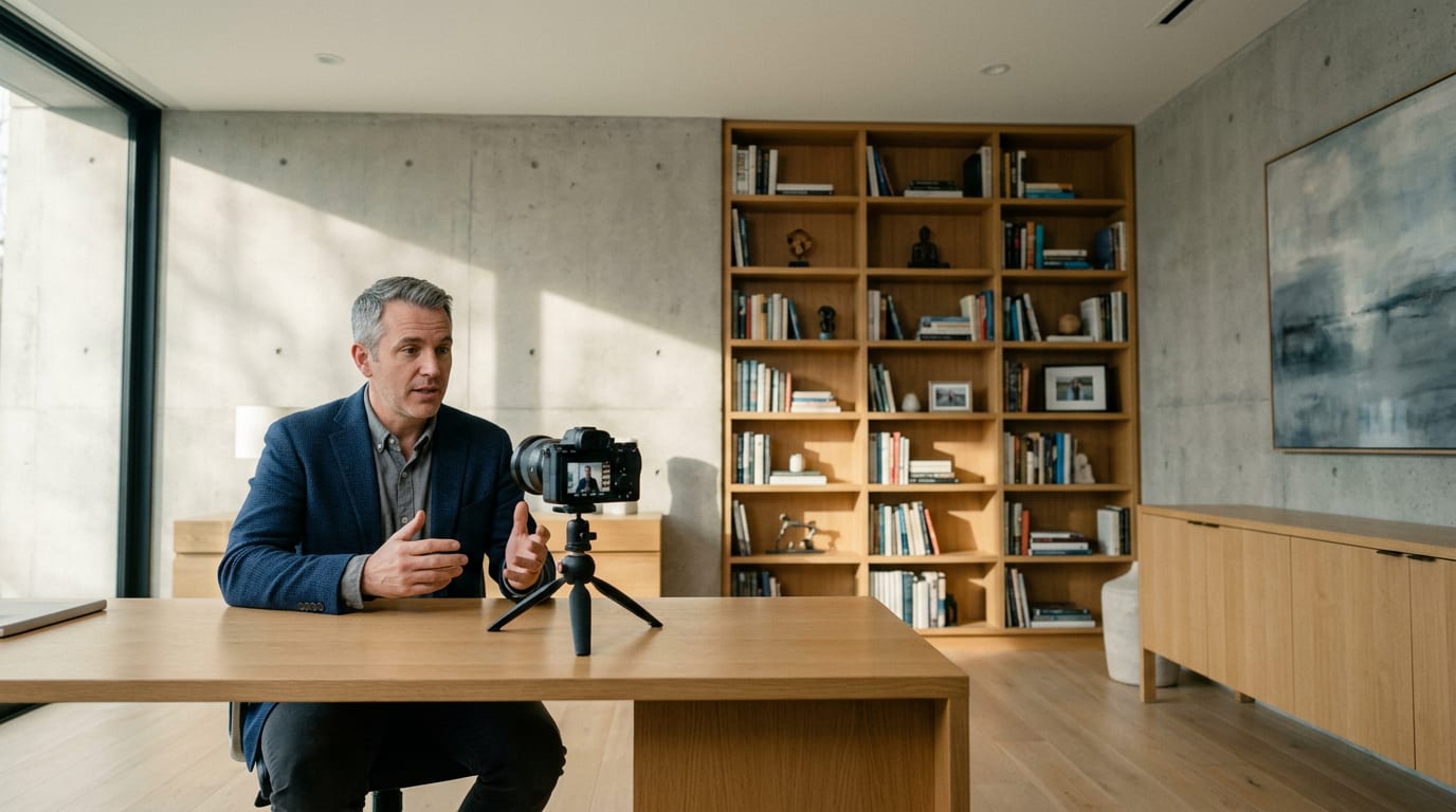 Solo financial advisor in his 40s recording a YouTube video alone at a home office desk with a camera on a tripod.