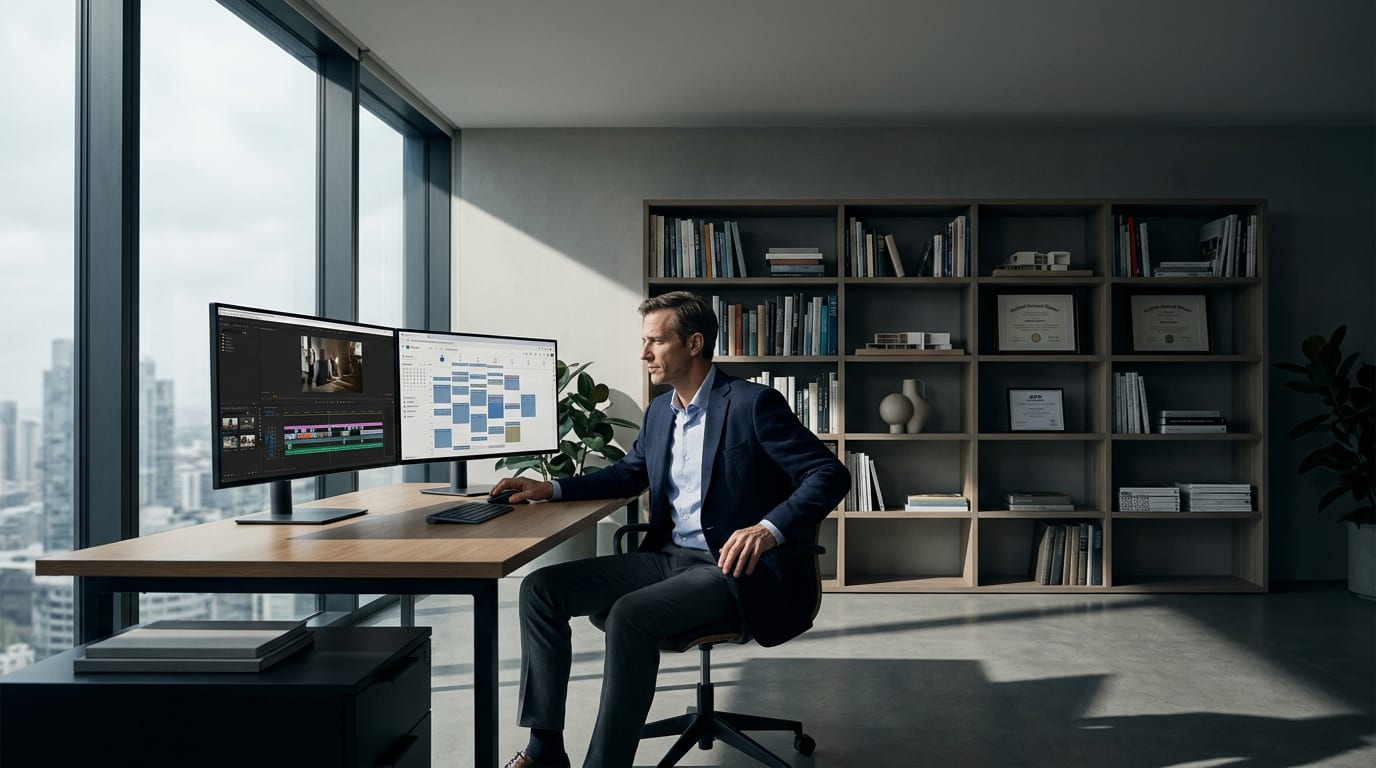Financial advisor at desk weighing video editing software against a packed client calendar, caught between DIY YouTube and hiring a specialist.