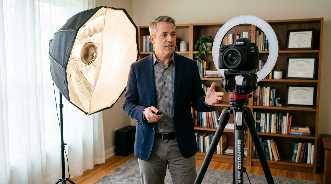 Financial advisor in business casual recording a YouTube video on a DSLR camera setup with softbox lighting in a home office.