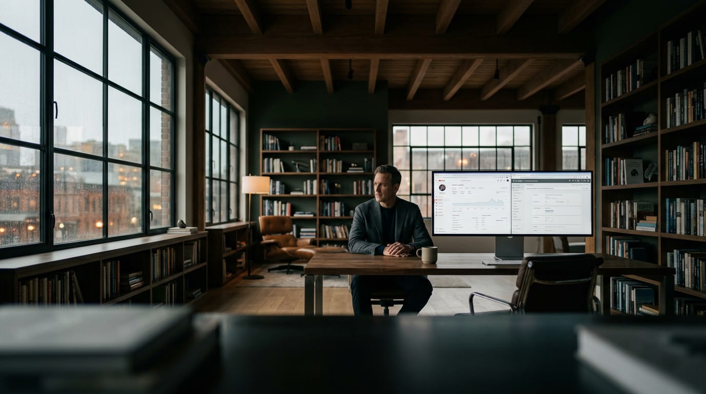 Financial advisor reviewing YouTube Studio analytics and Google Ads campaign data side by side on a large monitor in a home office.