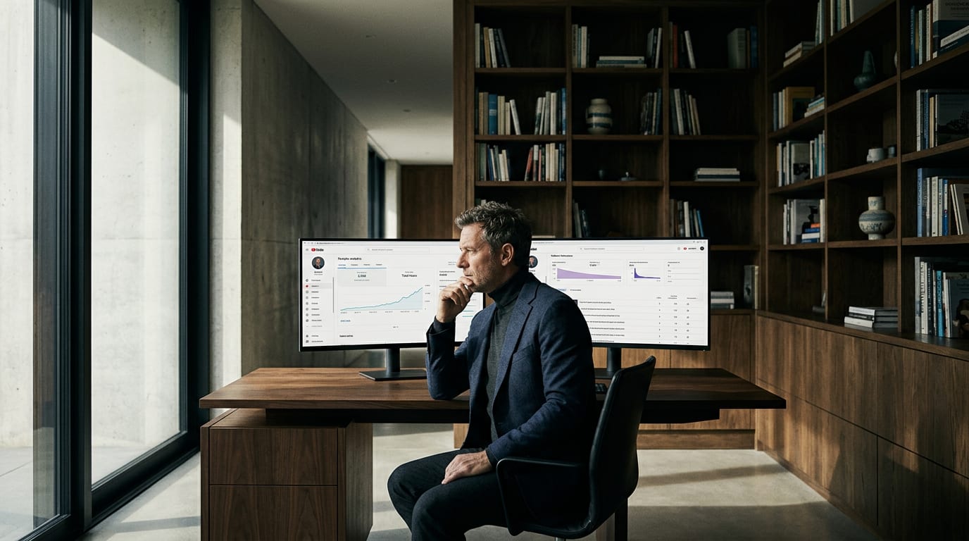 Financial advisor studying YouTube Studio analytics dashboard showing subscriber count and video performance metrics in a home office.