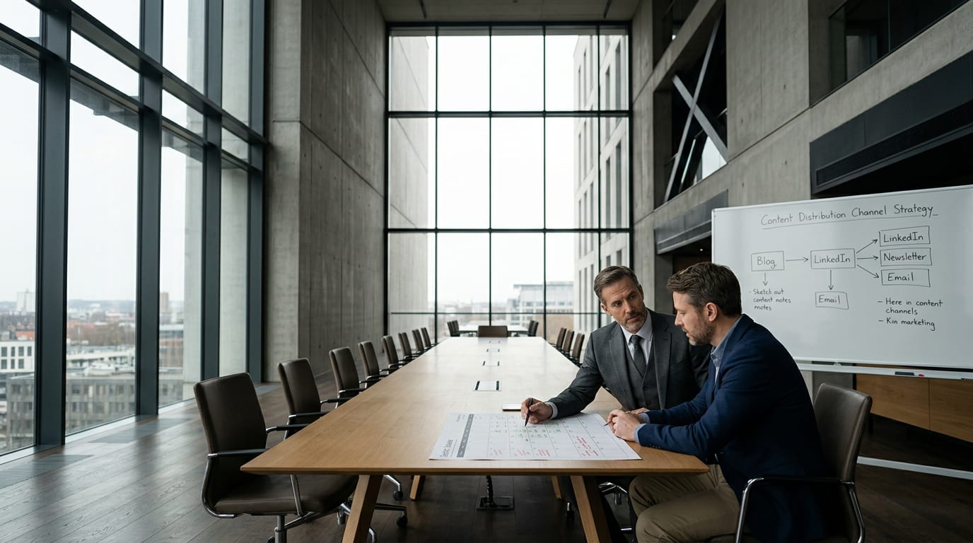 Financial advisor and marketing agency representative reviewing a content calendar with compliance notes at a professional meeting table.