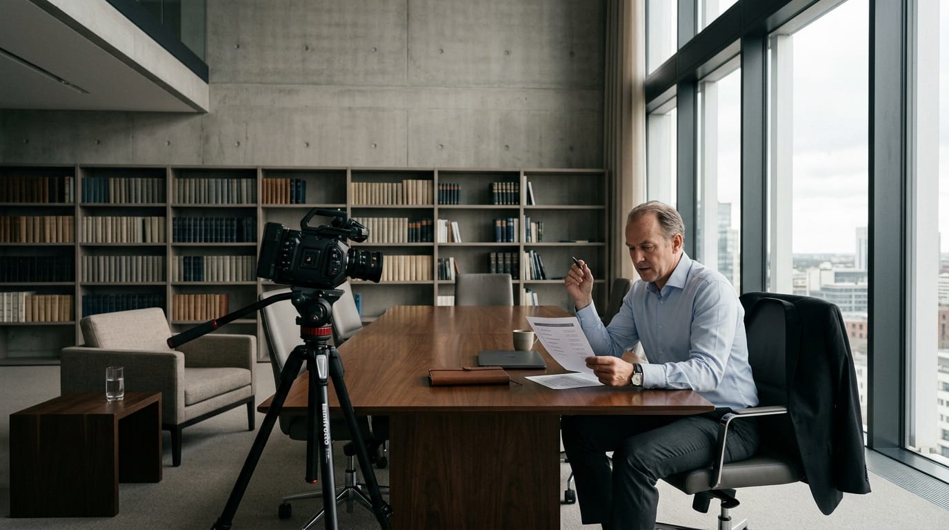Financial advisor reviewing a compliance checklist beside a video camera set up for a client testimonial recording in a private office.
