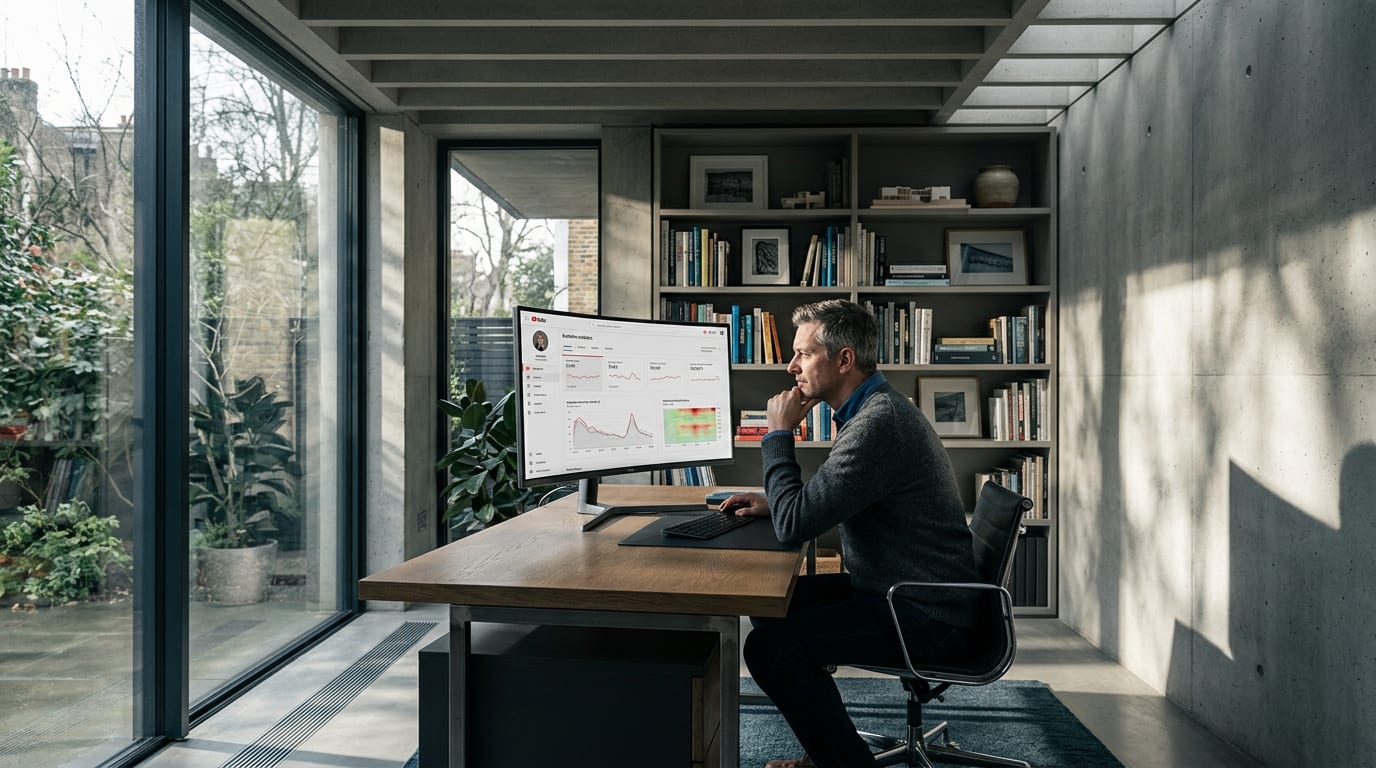 Financial advisor in his 40s leaning forward at a desk, studying a YouTube Studio analytics dashboard showing retention curves and audience data.