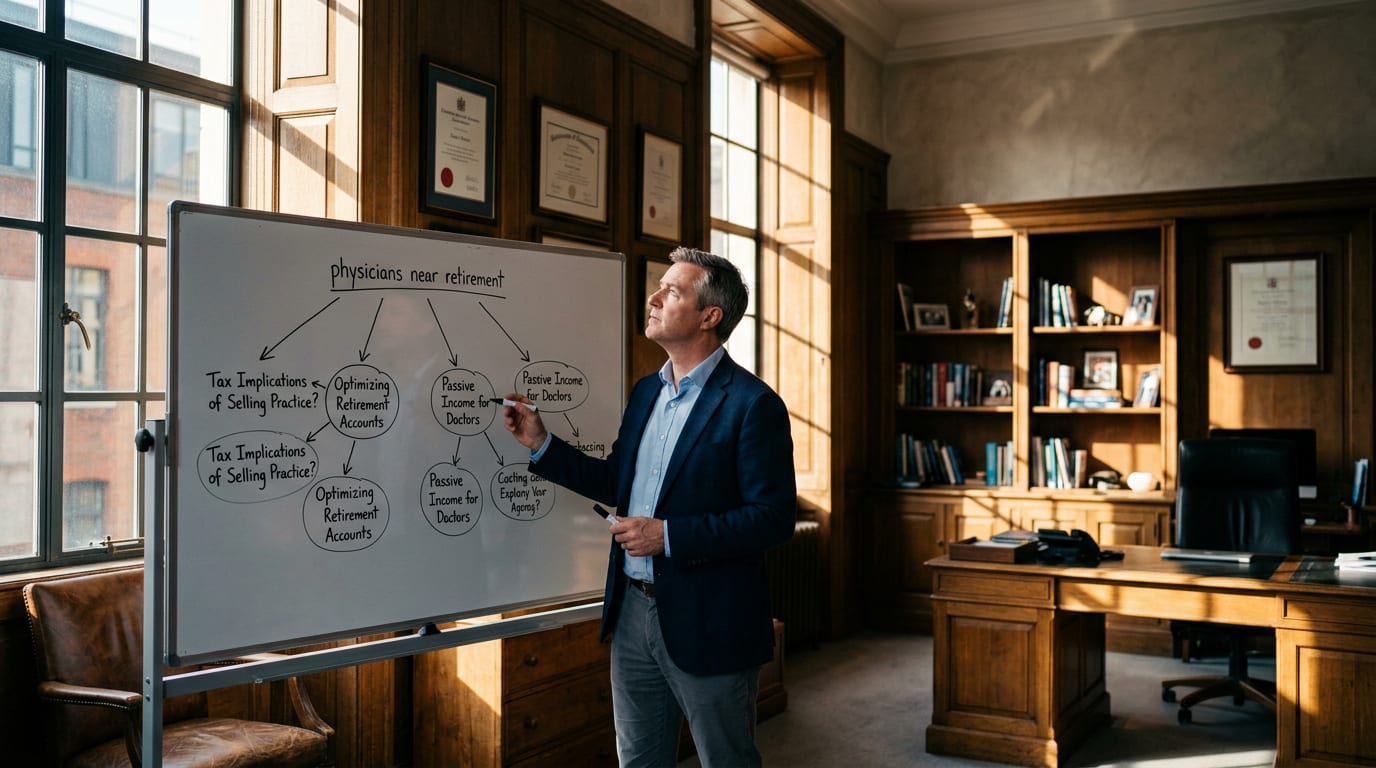 Financial advisor standing at a whiteboard mapping a niche audience and video topic clusters with a marker in hand.