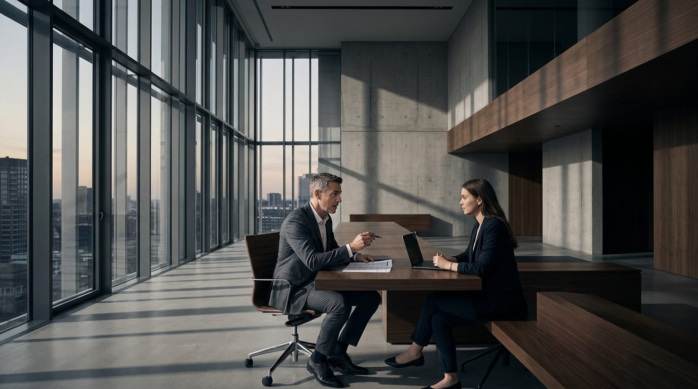 Financial advisor pressing a YouTube agency representative with evaluation questions during a criteria-driven office meeting.