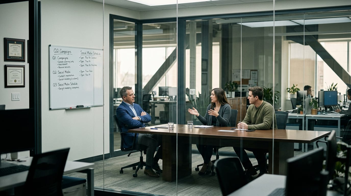Financial advisor leaning forward skeptically across a conference table questioning two agency representatives in a glass-walled advisory office.