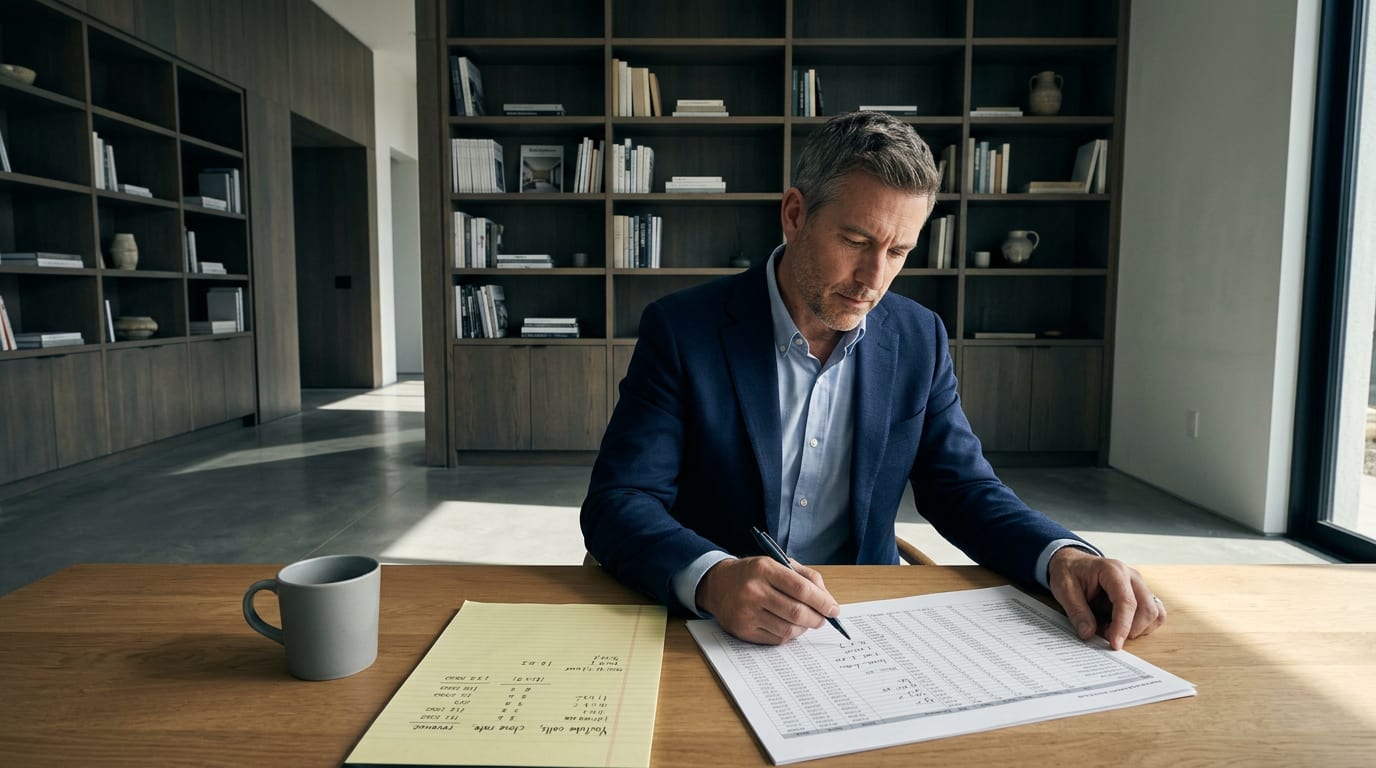 Financial advisor at a desk reviewing a handwritten spreadsheet tracking YouTube-sourced leads, close rate, and client revenue figures.