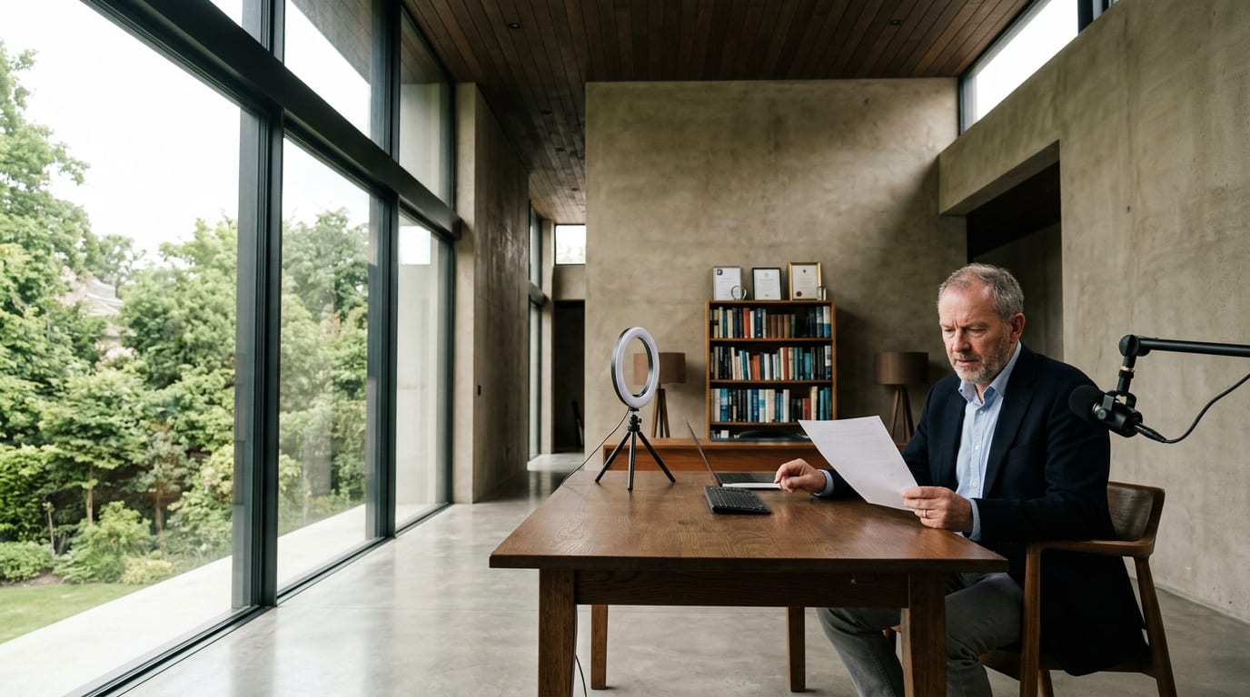Financial advisor in his 50s reviewing interview questions on paper during a video call in a home office with YouTube recording equipment visible in background.