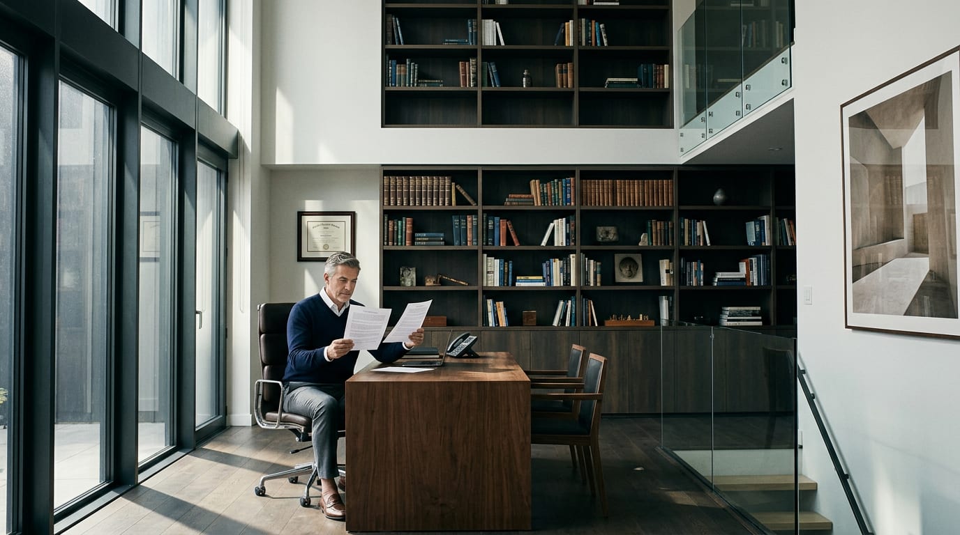 Financial advisor in his 50s comparing two service contract pages at a wood desk with CFP certificate on the wall behind him.
