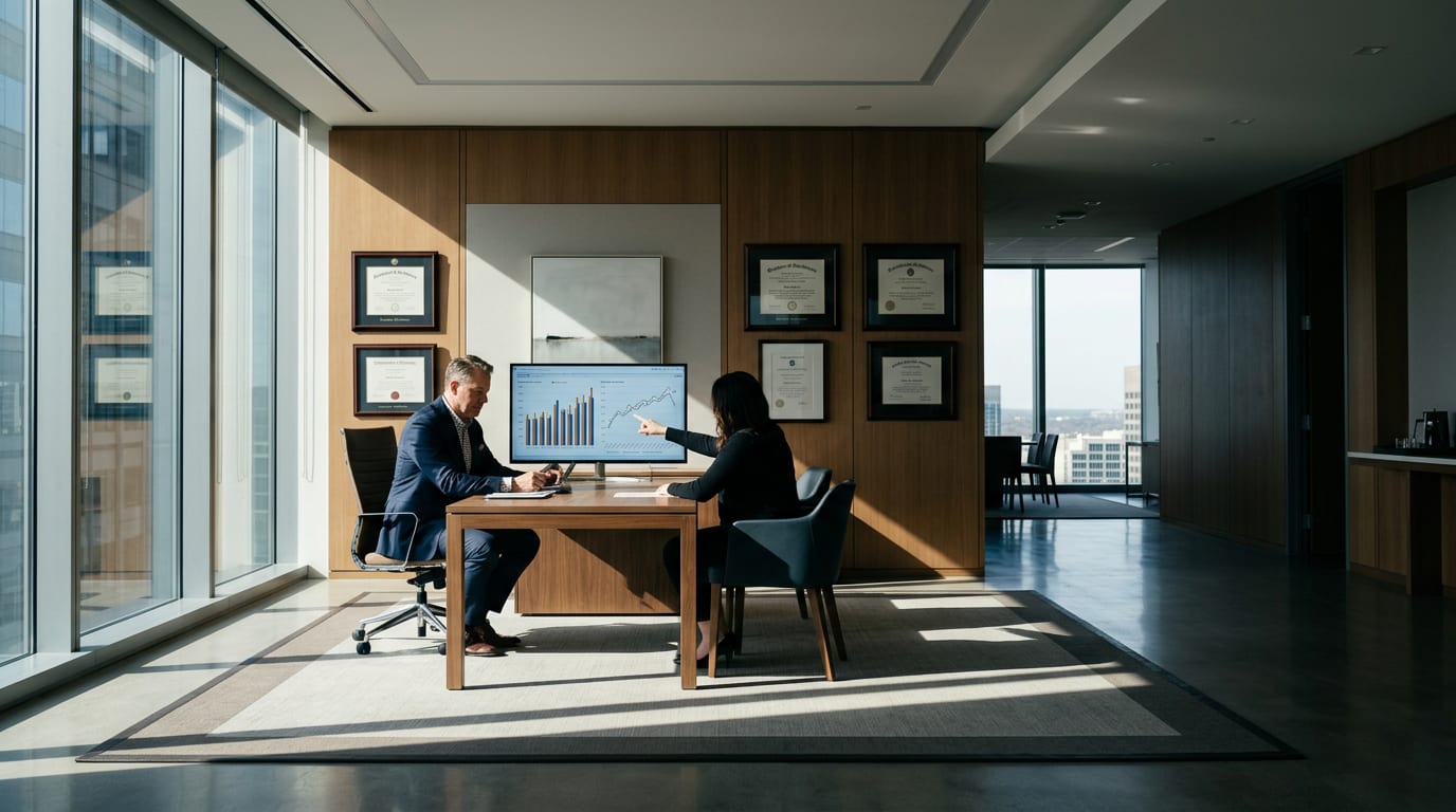 Financial advisor and YouTube strategist reviewing channel analytics on a large monitor during a monthly strategy call in a private office.