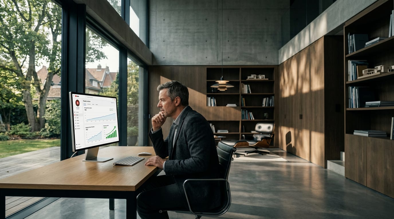 Financial advisor studying a YouTube Analytics dashboard showing modest subscribers but rising session duration and return viewer graphs.