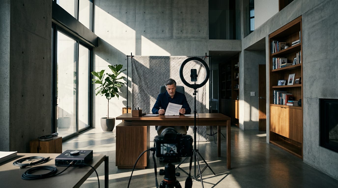 Financial advisor in his late 40s reviewing a script at a desk with a ring light and camera equipment set up for recording.