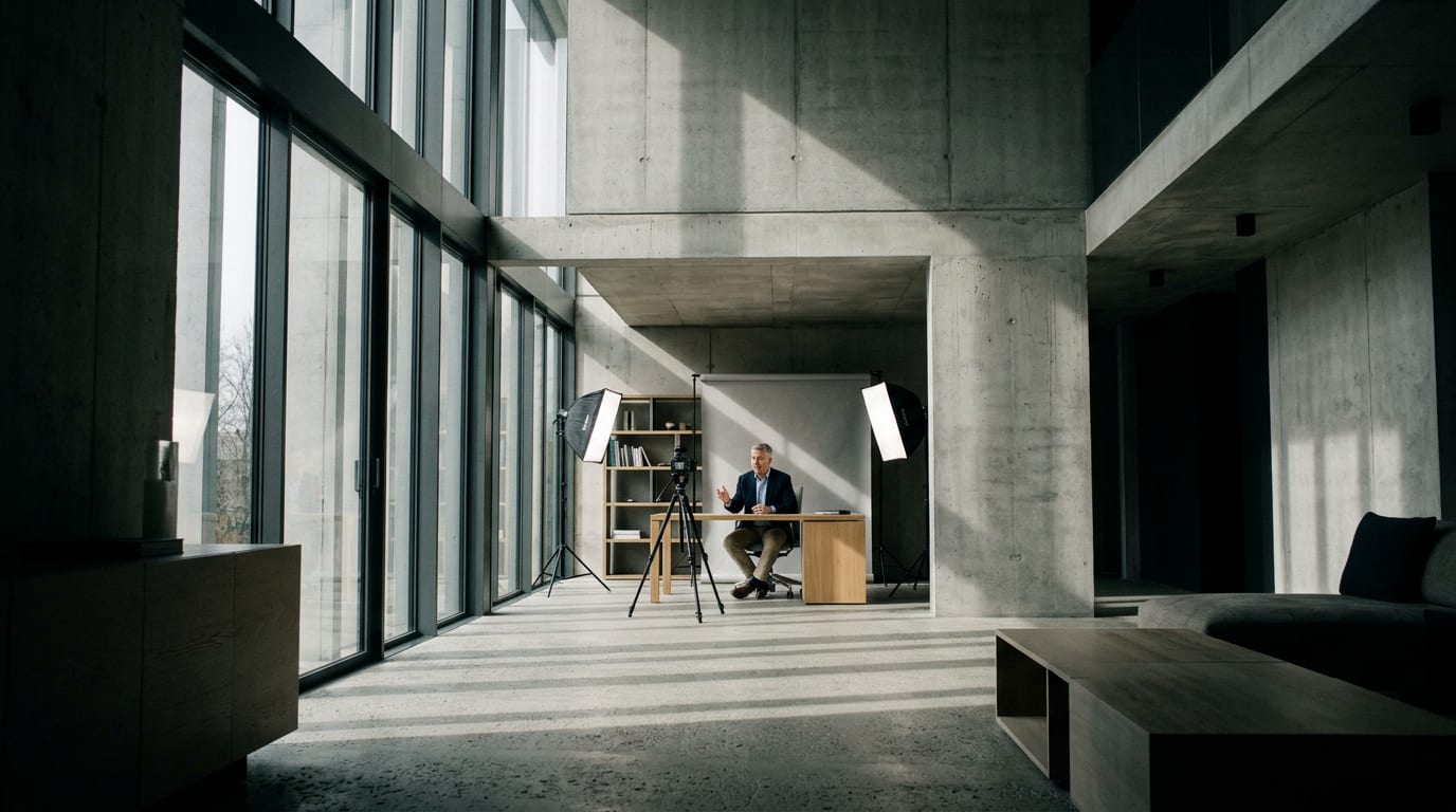 Financial advisor in his 50s recording a YouTube video at a professional home office setup with camera, tripod, and studio lighting.