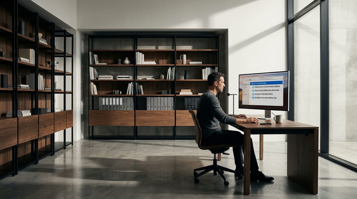 Financial advisor in a home office reviewing an organized compliance folder structure on an external monitor, preparing video records for firm review.