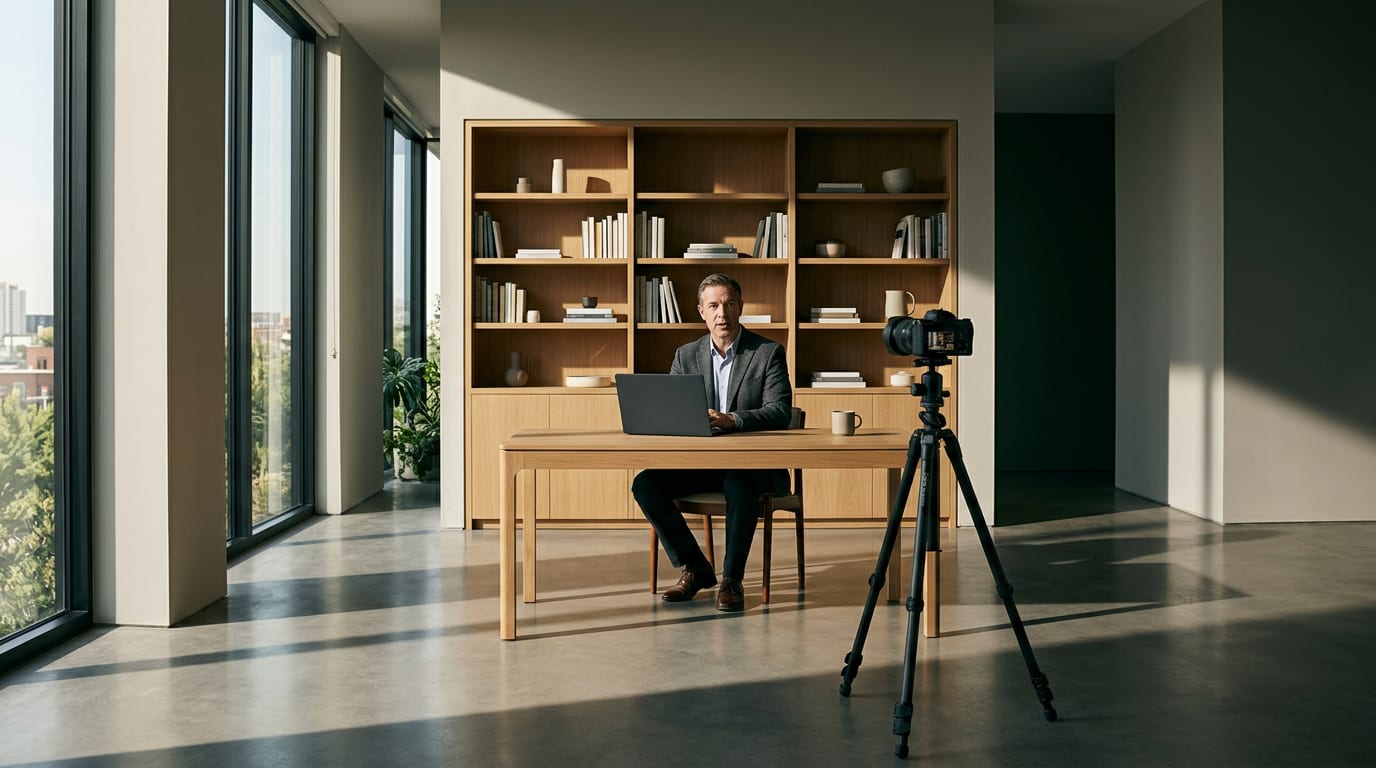 Financial advisor in his 50s recording a YouTube video on a professional camera in a clean, well-lit home office.
